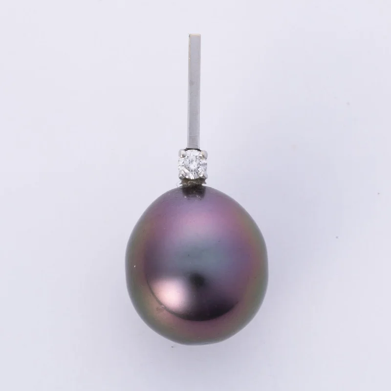 14k White Gold Diamond and Black Tahitian Pearl Pendant | 0.05ct, 12mm