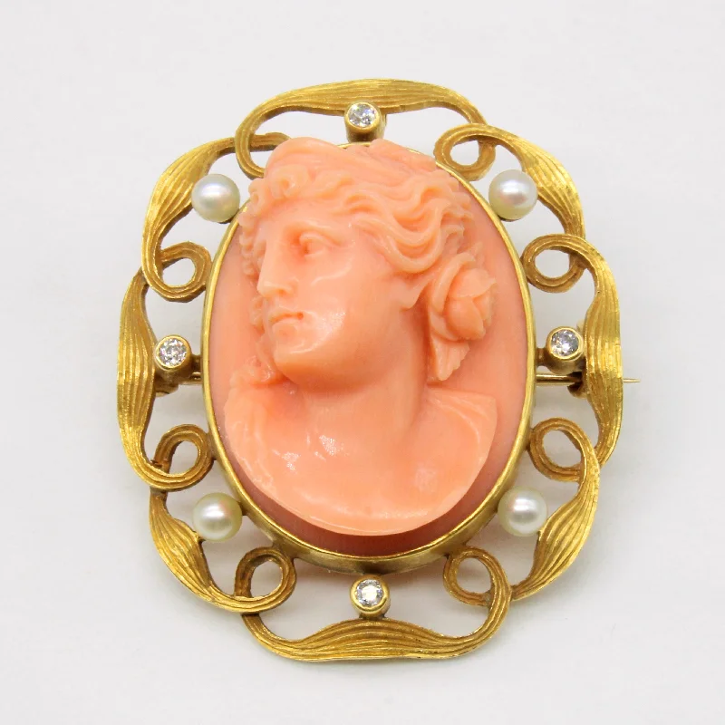 birthstone necklace for mom Coral Cameo with Pearls & Diamonds Brooch/Pendant | 30.00ct, 0.09ctw |