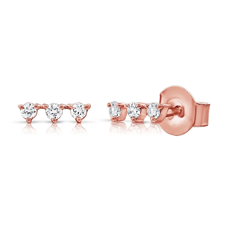 gold daisy stud earrings Triple Diamond Line Stud Earrings set with Round Brilliant Diamonds