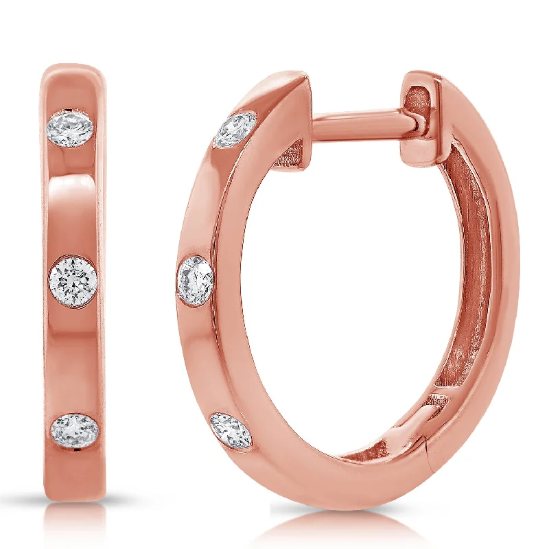 14K Gold Huggie Hoop Earrings with Bezel-Set Diamonds