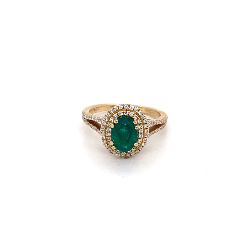 14k Yellow Gold Emerald and Double Diamond Halo Ring