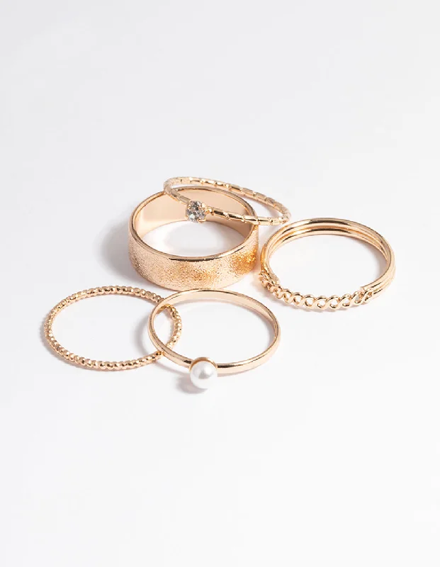 black stainless steel signet ring Gold Pearl & Diamante Mix Ring 5-Pack