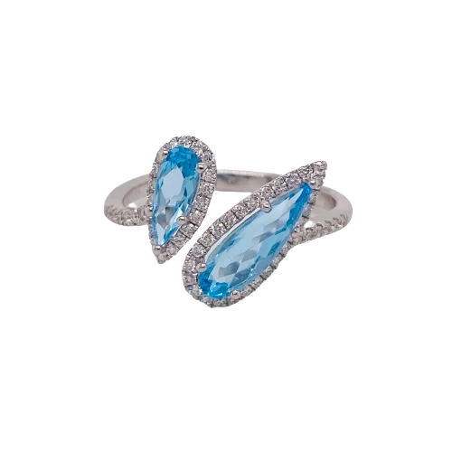 delicate floral wedding band Blue Topaz Diamond Halo Bypass Ring