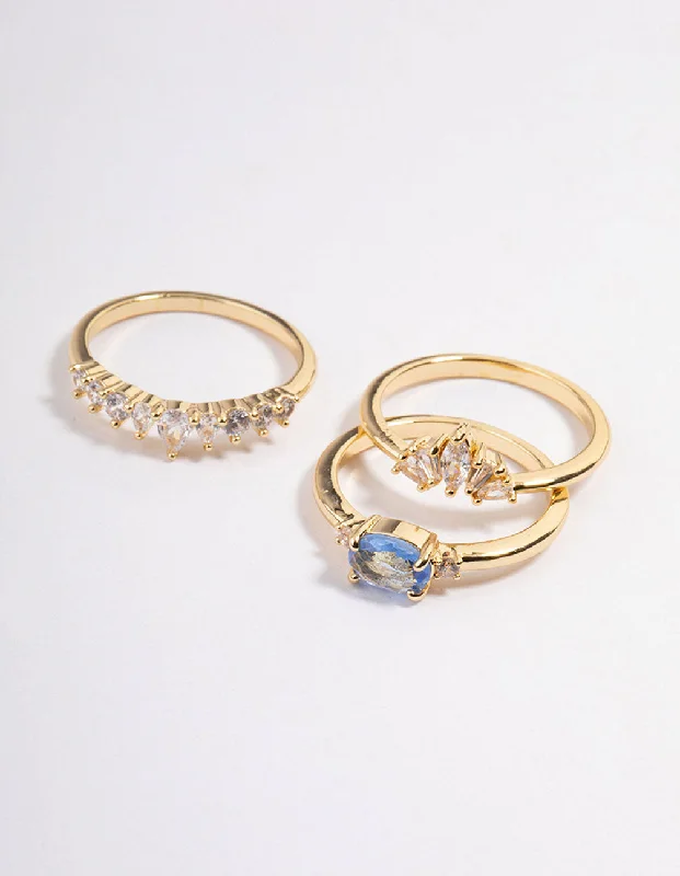 vintage rose gold engagement ring Gold Plated Blue Stone Fan Cubic Zirconia Ring