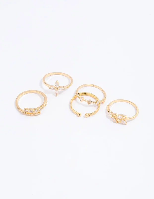 hammered gold stacking rings Gold Plated Cubic Zirconia Leafy Mixed Ring 5-Pack