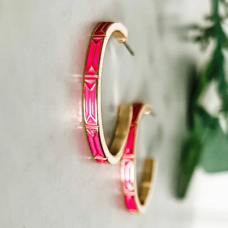 Bright Pink Enamel and Gold Hoop Earrings