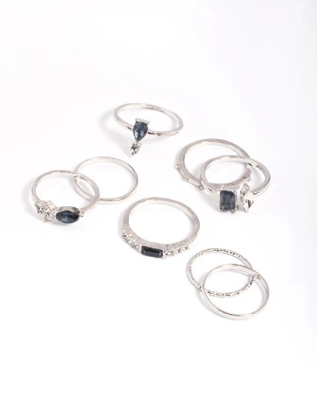 gold opal ring Rhodium Blue Stone Mixed Ring Stack Pack