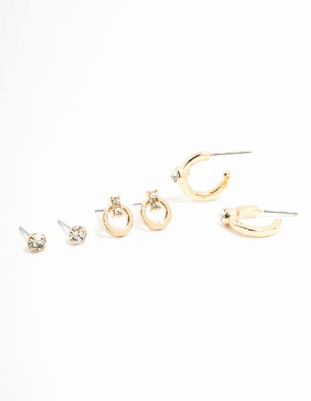 elegant drop earrings wedding Gold Diamante Stud & Hoop Earrings 3-Pack