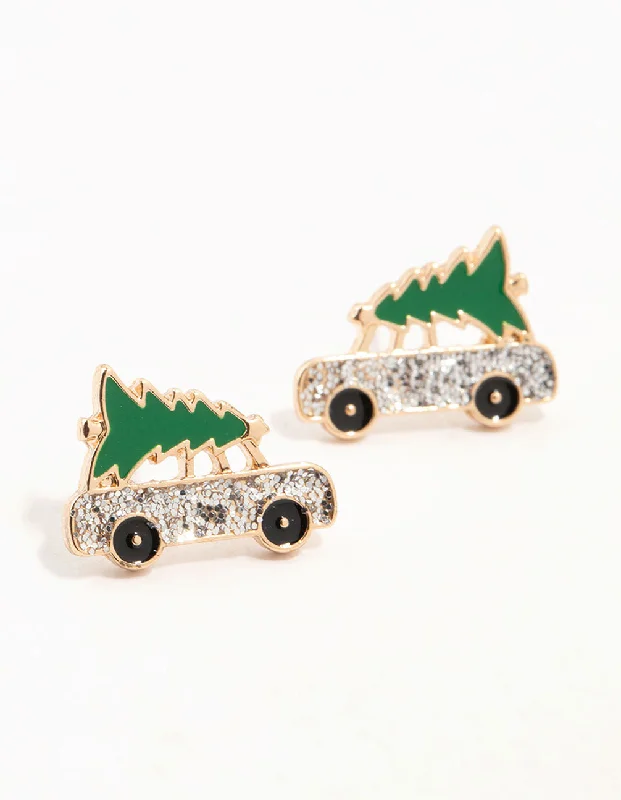 handmade lava stone bracelet Gold Mini Car & Tree Stud Earrings