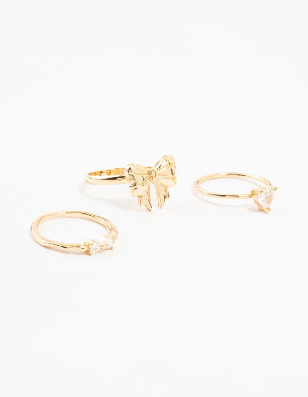 celestial sun charm anklet Gold Plated Bow Cubic Zirconia & Heart Rings 3-Pack