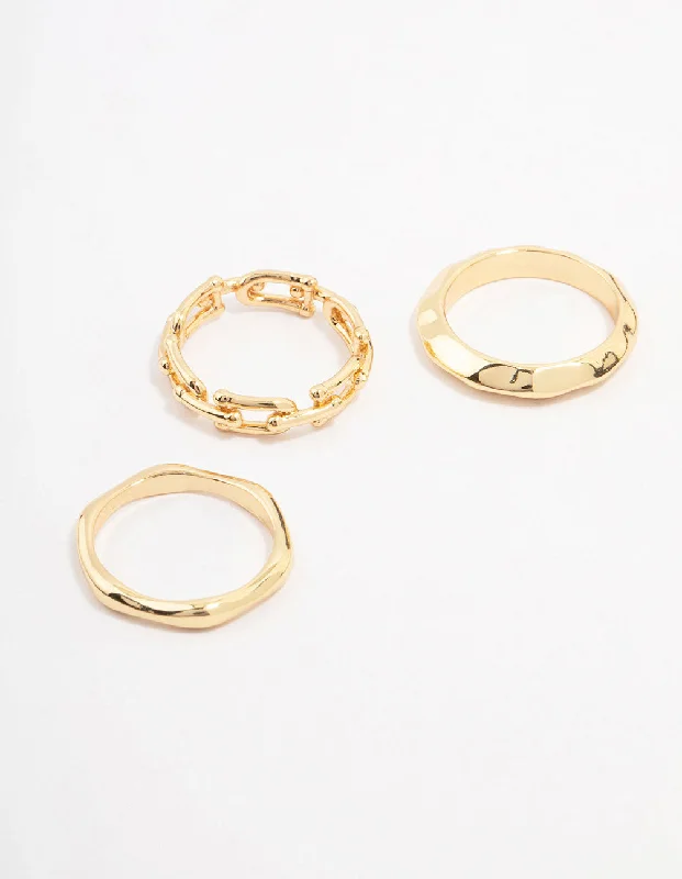 opal gemstone halo ring Gold Plated Chain Link Stacking Ring 3-Pack