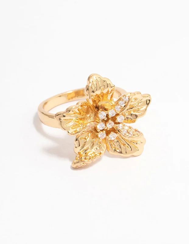 celestial sunburst necklace gold Gold Plated Cubic Zirconia Bling Flower Ring