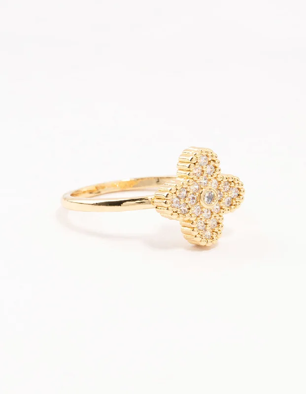 celestial orbit ring set Gold Plated Cubic Zirconia Clover Statement Ring