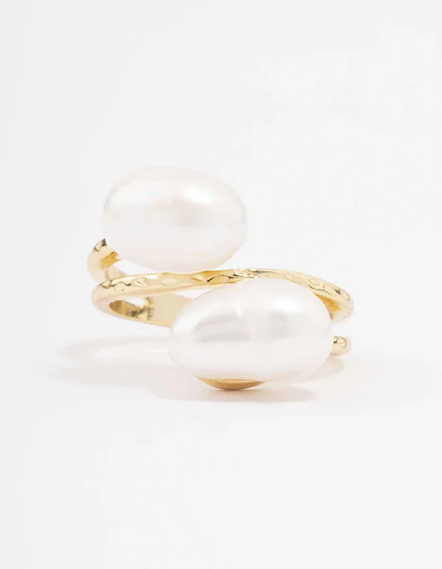 adjustable charm necklace Gold Plated Double Pearl Wrapped Ring