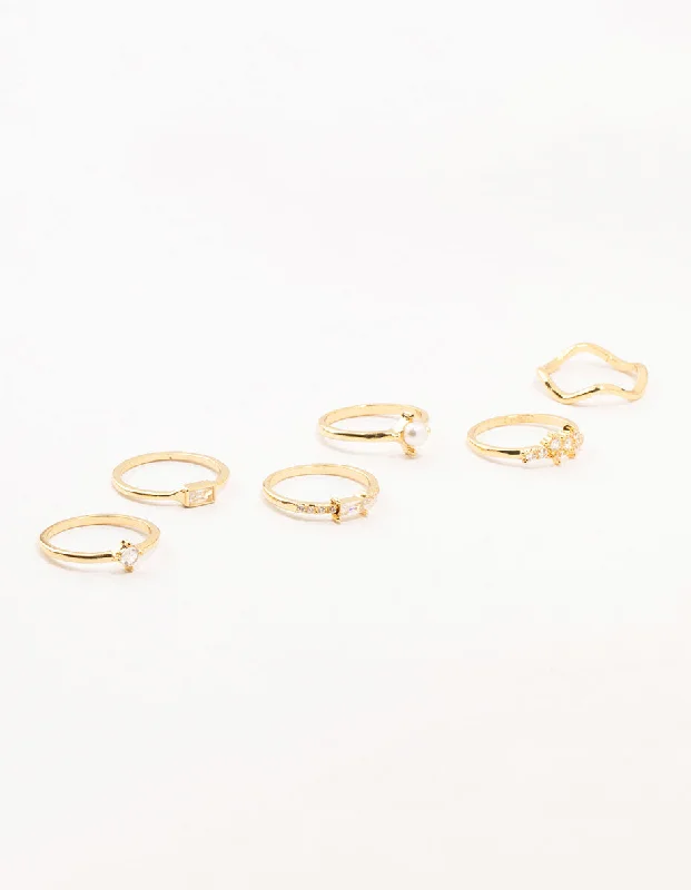 layered pearl choker necklace Gold Plated Pearl Cluster Baguette Rings 6-Pack