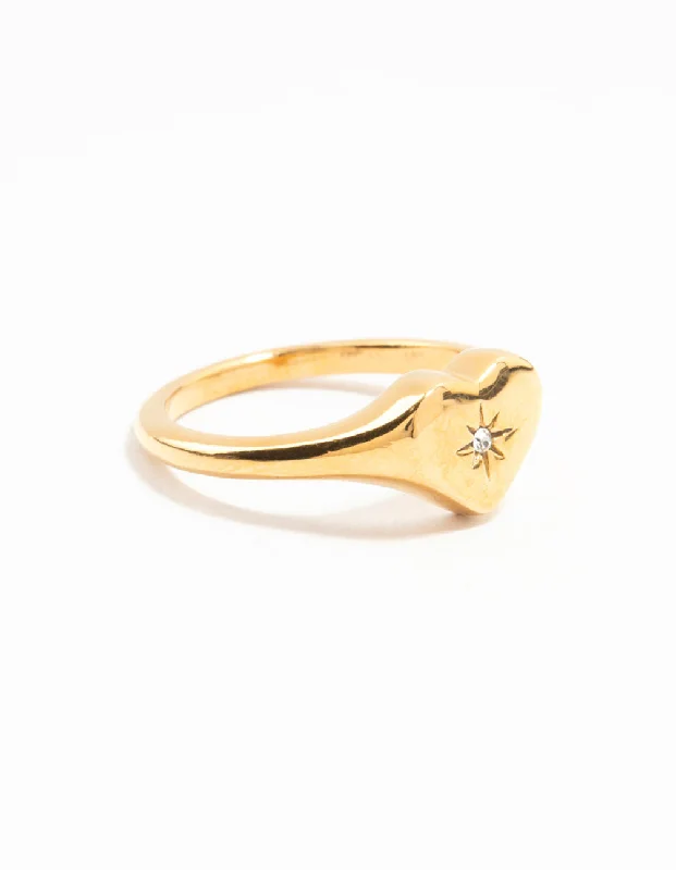 minimal diamond bar necklace Waterproof Gold Plated Stainless Steel Cubic Zirconia Heart Signet Ring SM/ML minimal diamond bar necklace Waterproof Gold Plated Stainless Steel Cubic Zirconia Heart Signet Ring SM/ML