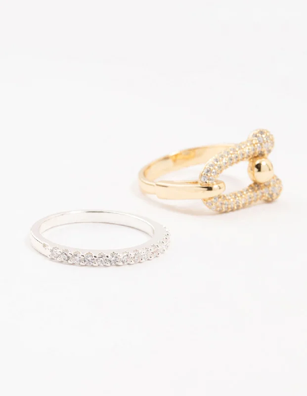 handcrafted braided silver bracelet Mixed Metals Cubic Zirconia Rings 2-Pack