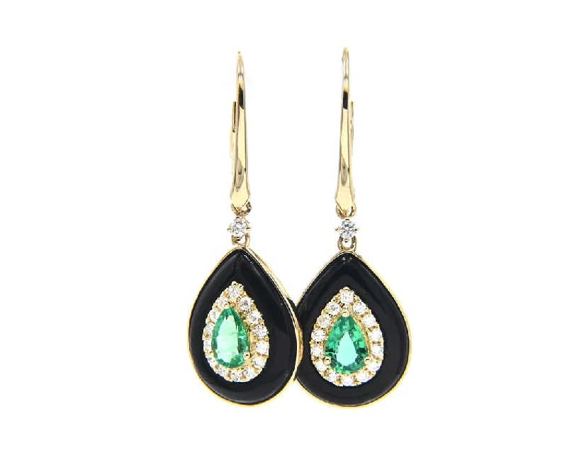 New 0.64ctw Pear Emerald 0.30ctw Diamond and Black Onyx Dangle Earrings in 14K