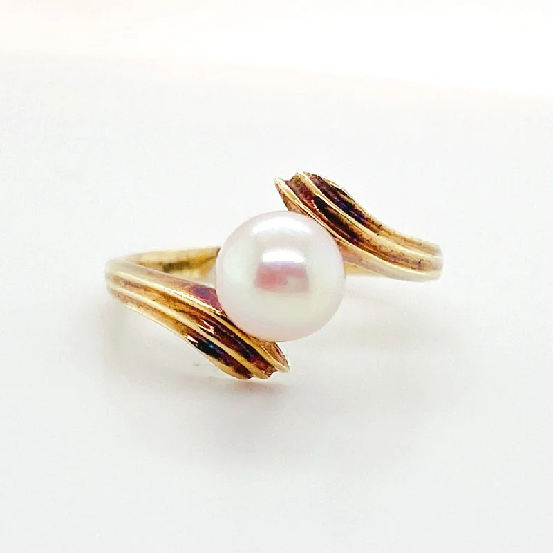 Pearl Bypass Solitaire Ring, 14K Yellow Gold, Vintage Estate Ring Circa 1960