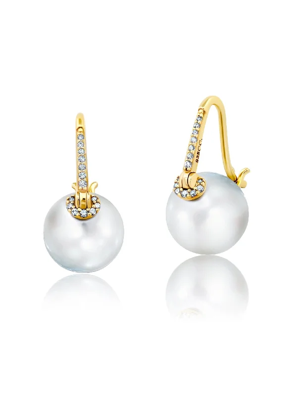 unique square diamond ring Pearl With Pave Stem Leverback Earrings