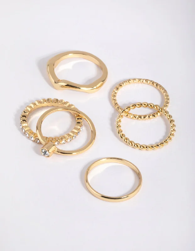 white opal engagement ring Gold Plated Molten Diamante Ring 6-Pack