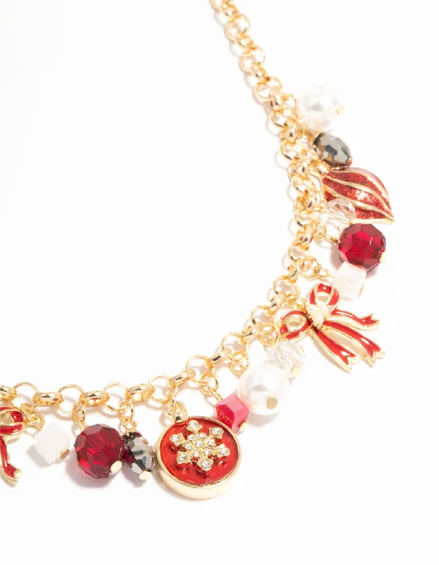 bold statement cuff bracelet Red Bow & Beads Gold Charm Necklace