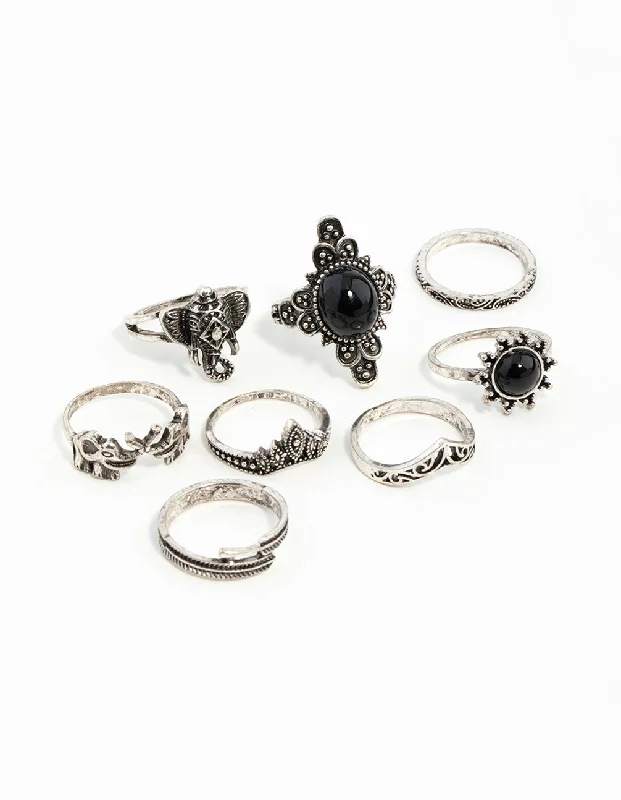 pearl stud earrings classic Antique Silver Boho Elephant Style Rings 8-Pack