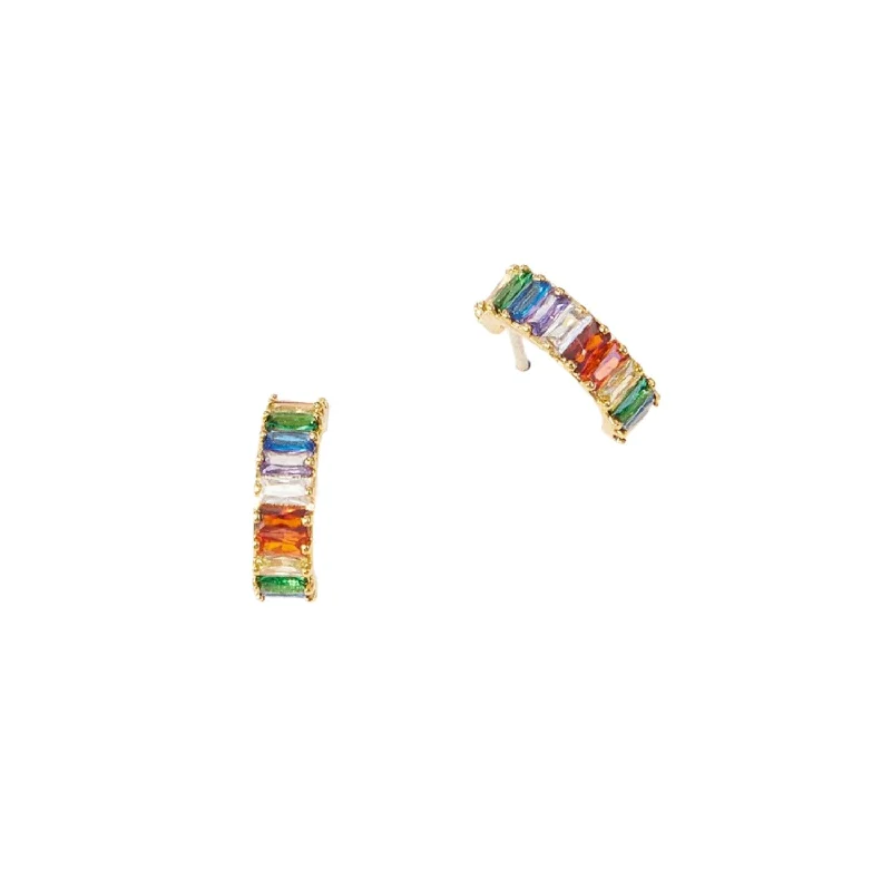 Rainbow Baguette Rhinestone Gold Hoop Earrings