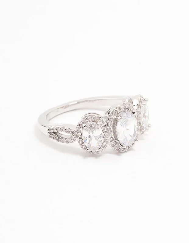 diamond halo pendant necklace Rhodium Oval Trio Cubic Zirconia Ring