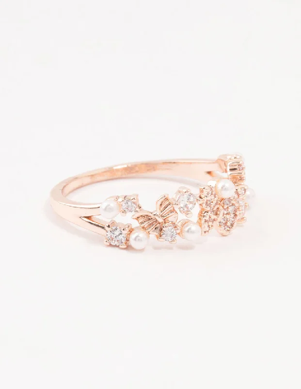 classic pearl choker necklace Rose Plated Gold Butterfly Pearl Band Ring