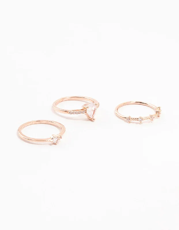pearl and gold chain earrings Rose Gold Plated Elegant Pear Stacking Rings 3-Pack