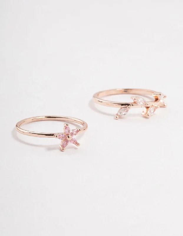 men’s beaded bracelet with charms Rose Gold Flower Vine Cubic Zirconia Rings 2-Pack