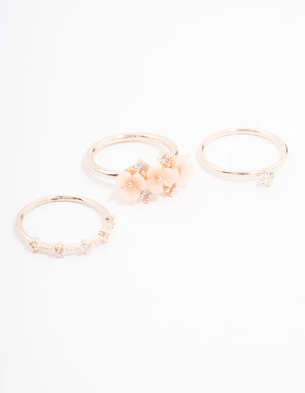colorful gemstone engagement ring Rose Gold Plated Triple Flower Stacking Ring Pack