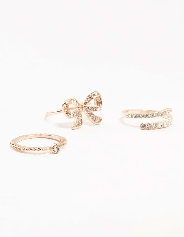 rose gold initial pendant necklace Rose Gold Precious Bow Ring 3-Pack