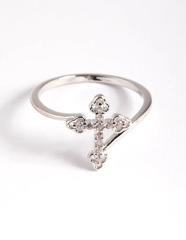 adjustable charm bracelet sterling silver Rhodium Cubic Zirconia Cross Ring