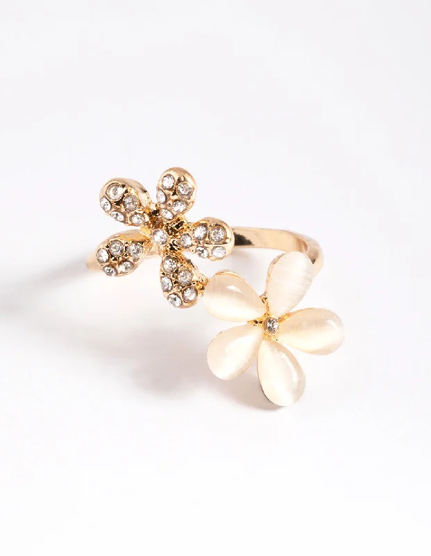 adjustable braided rope ring Gold Diamante & Cateye Flower Ring