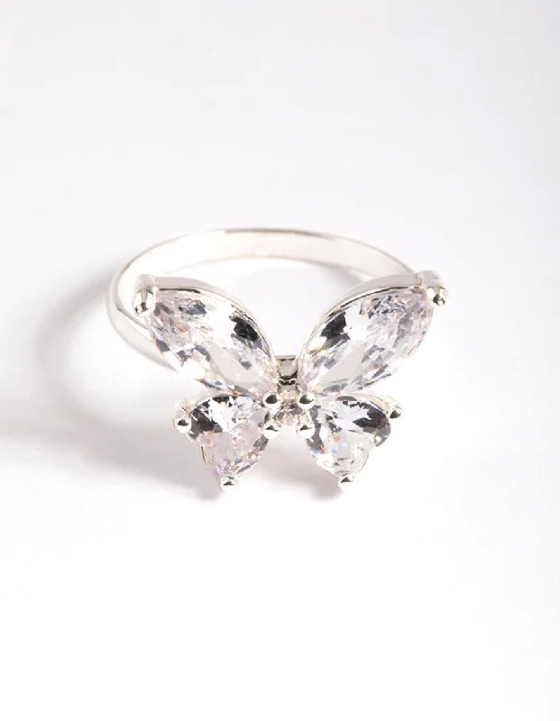 handcrafted gemstone pendant Silver Plated Cubic Zirconia Medium Butterfly Ring