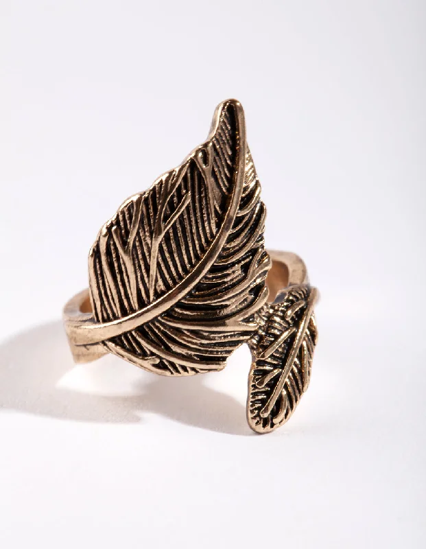 minimalist diamond stud earrings Antique Gold Large & Small Leaf Wrap Ring