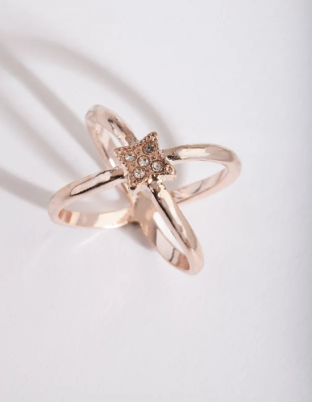 hand-stamped coordinates bracelet Rose Gold Diamante Crossover Ring