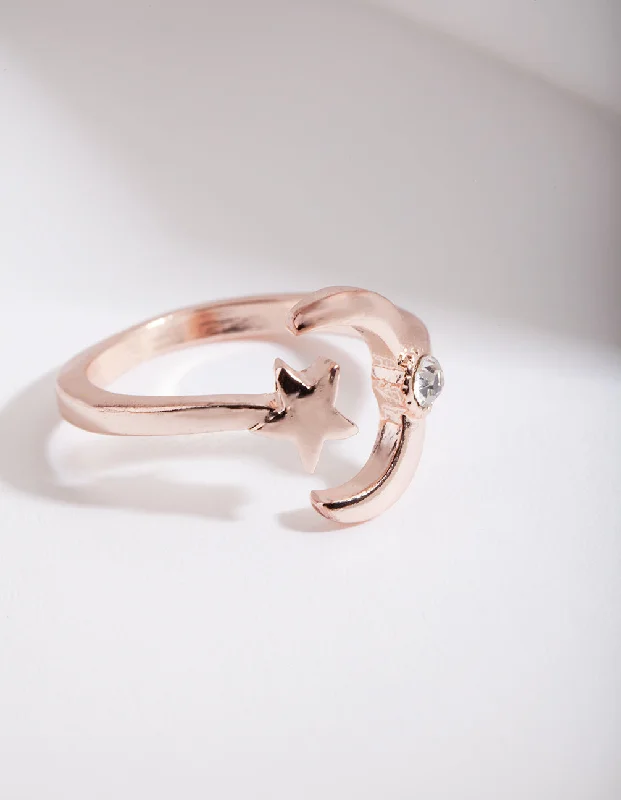 minimalist moonstone bracelet Rose Gold Open Moon Star Ring