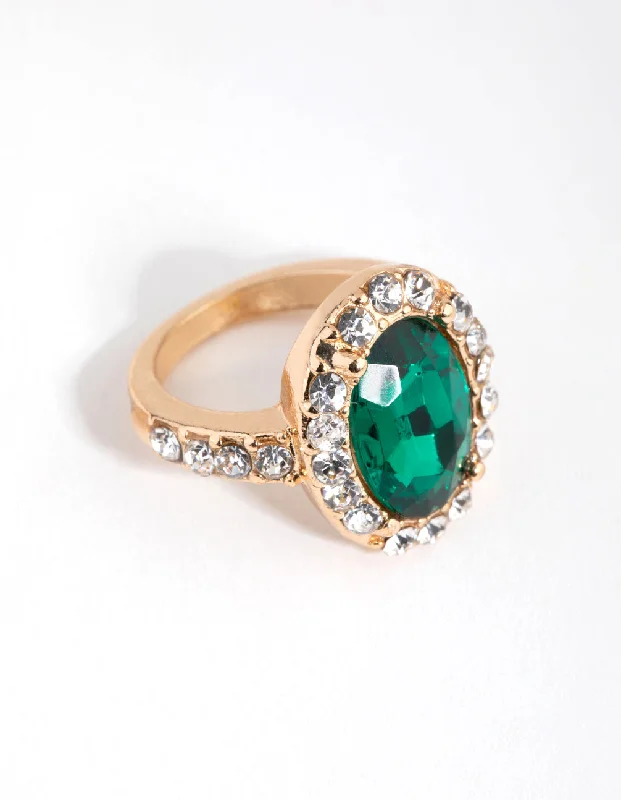 minimalist disc pendant necklace Gold Diamante Surrounded Green Stone Ring