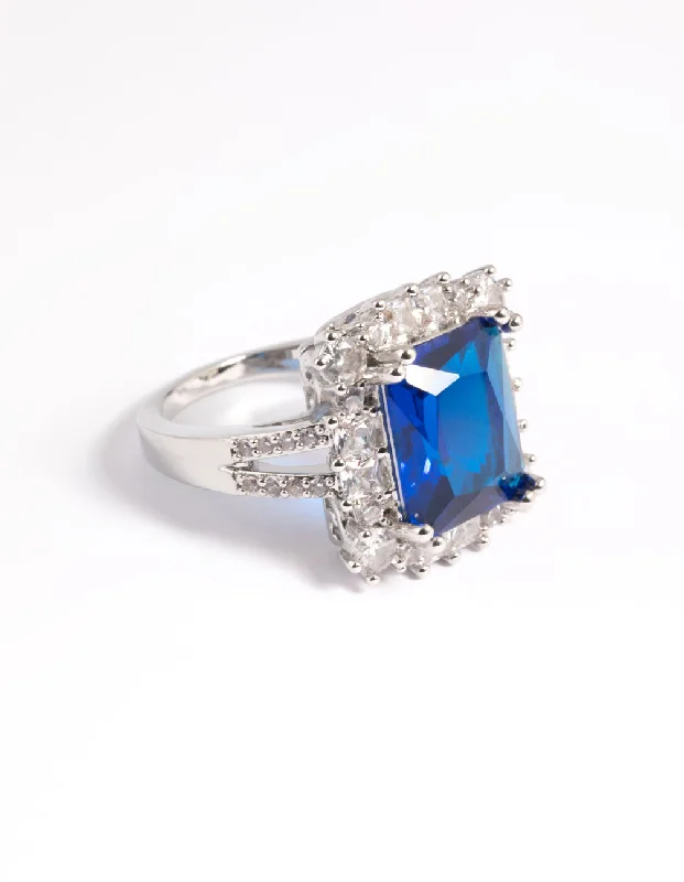 dainty gold chain earrings Rhodium Cubic Zirconia Blue Asscher Ring