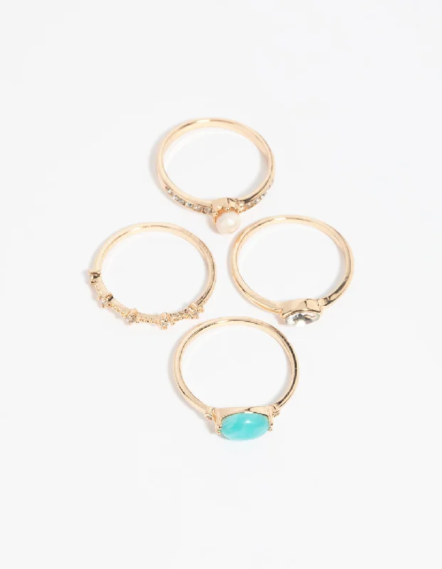 wedding anniversary diamond ring Gold Pearl & Semi-Precious Ring 4-Pack