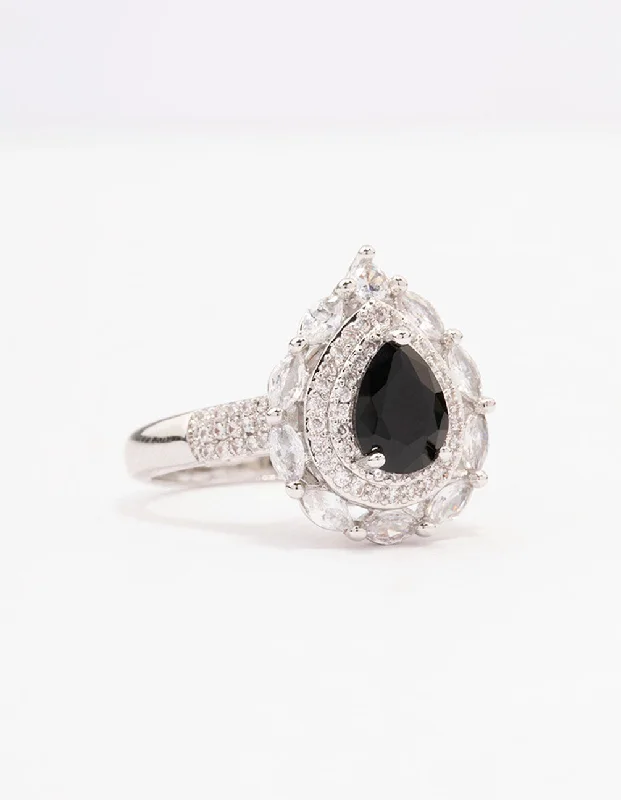 silver dragon claw ring Black Flare Pear Cubic Zirconia Ring