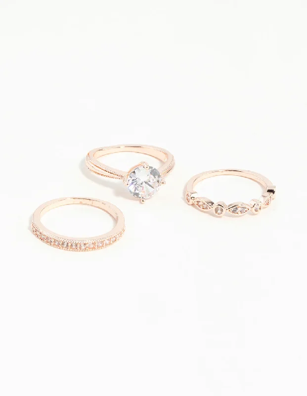 sterling silver braided ring Rose Gold Round Stone Triple Band Ring
