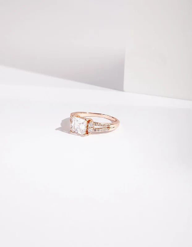 delicate gold band ring Rose Gold Double Band Cubic Zirconia Ring