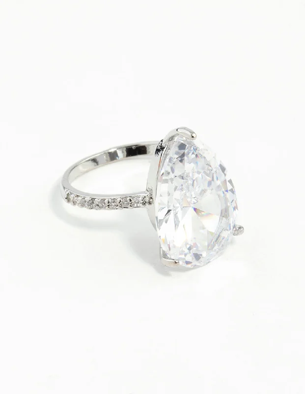unique silver branch ring Rhodium Cubic Zirconia Large Pear Stone Ring