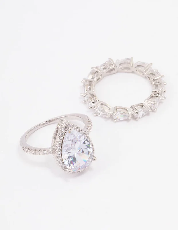 celestial meteor shower earrings Rhodium Cubic Zirconia Pear Double Stack Ring