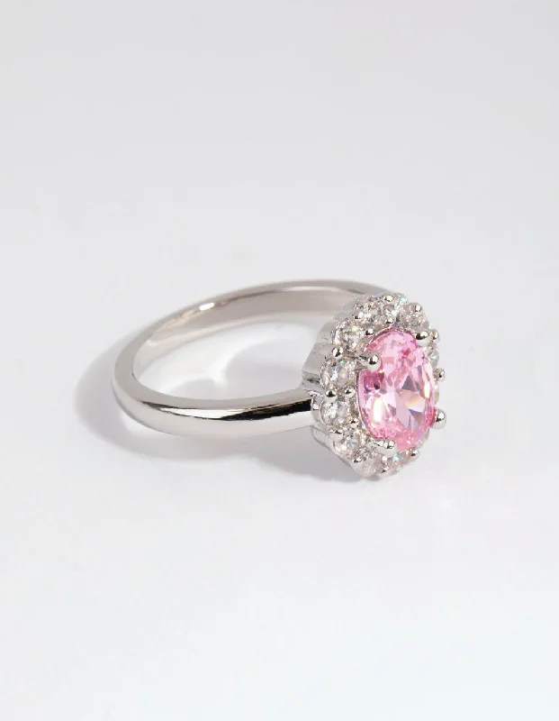 personalized gemstone pendant necklace Rhodium Pink Cubic Zirconia Oval Ring