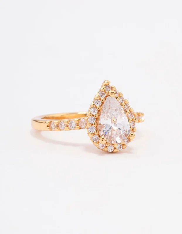 minimal gold ring stack Gold Plated Classic Pear Cubic Zirconia Engagement Ring
